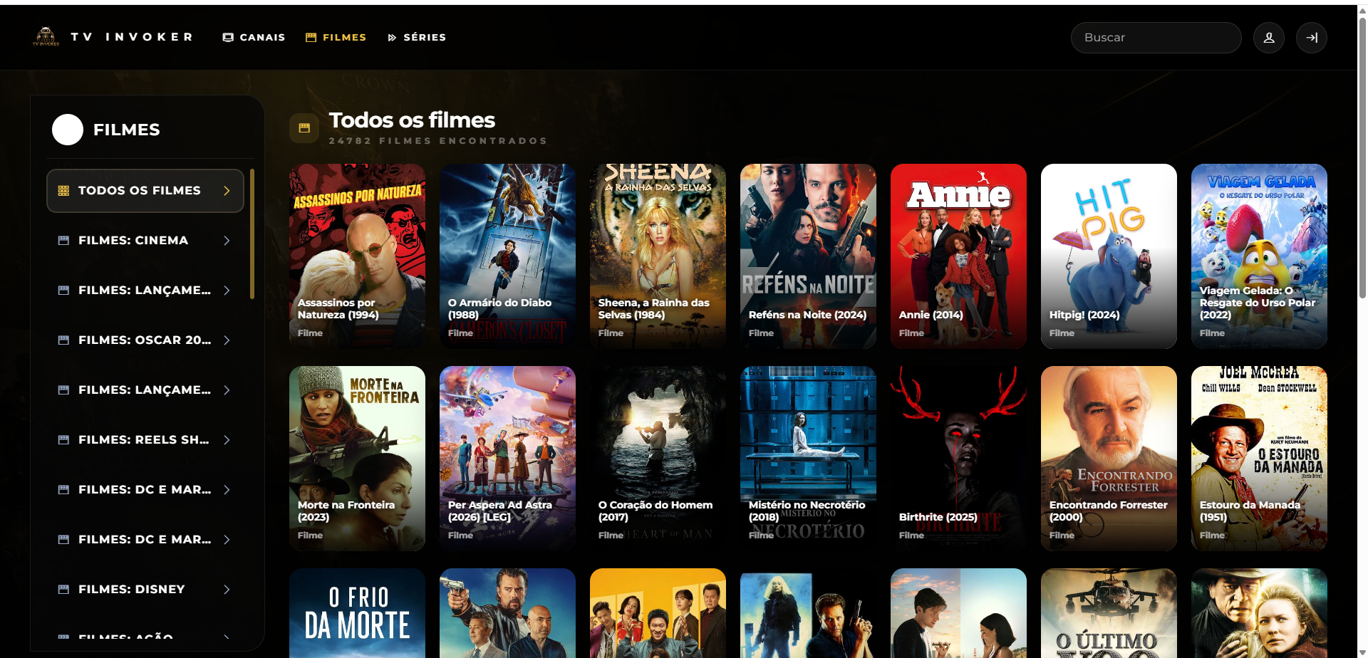 Catálogo de filmes do Webplayer